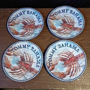 4 Tommy Bahama Lobster Melamine Dinner Plates Blue Rope Rim Red Lobster 11"